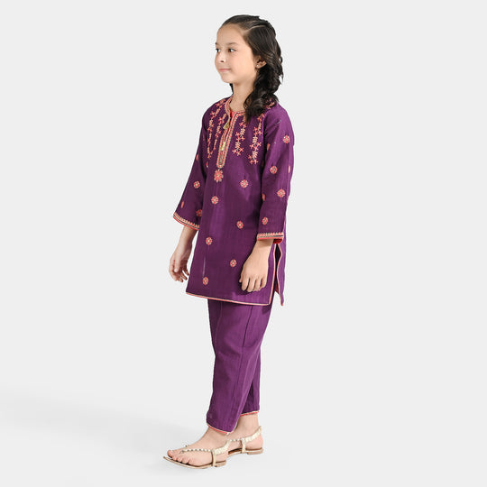 Girls Cotton Slub 2 EMB Pcs Bano-Purple