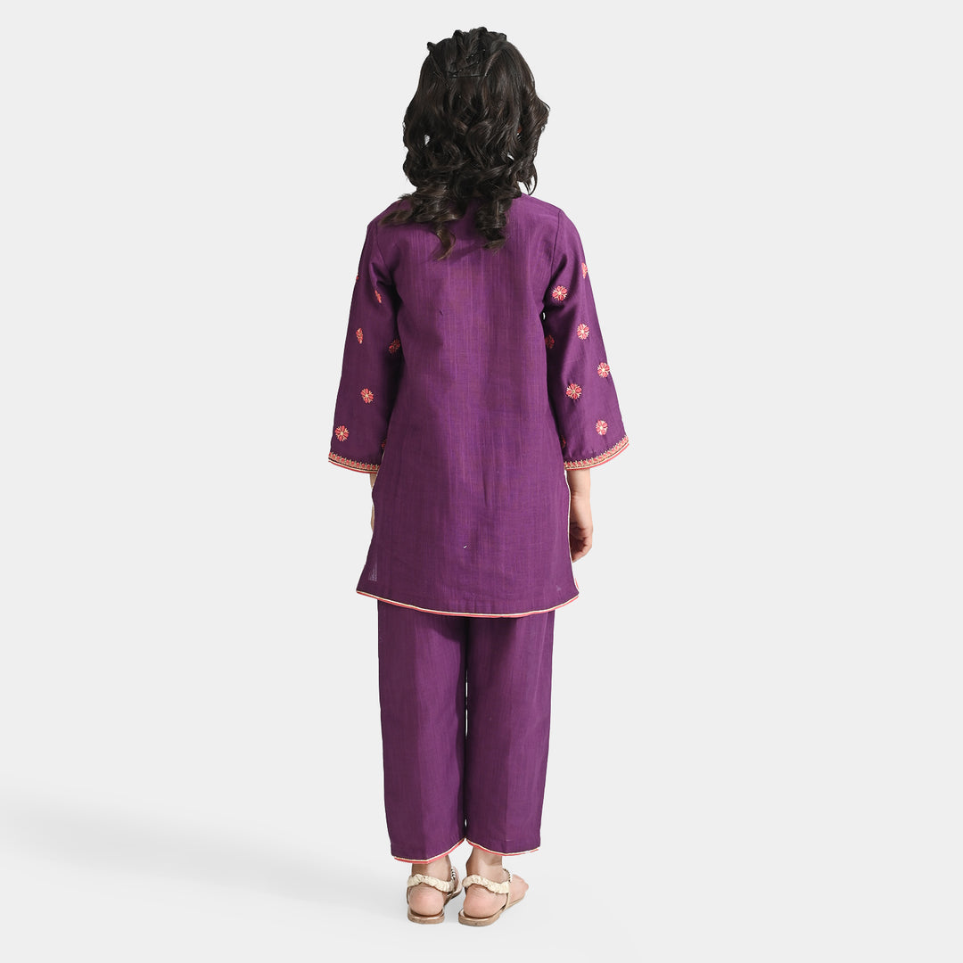 Girls Cotton Slub 2 EMB Pcs Bano-Purple