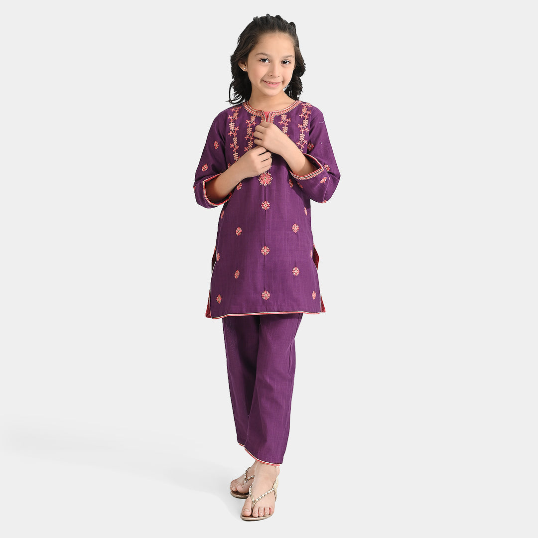 Girls Cotton Slub 2 EMB Pcs Bano-Purple