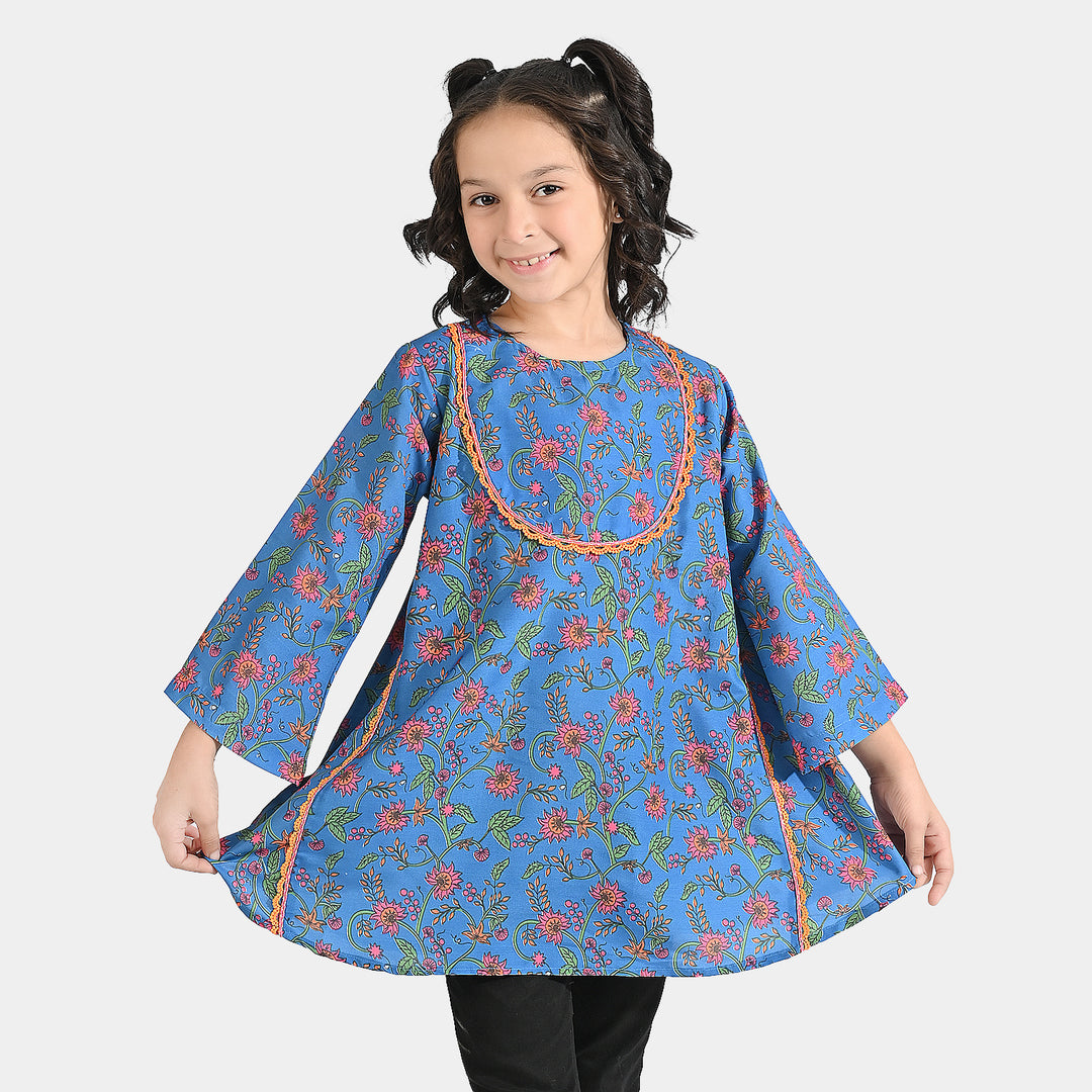 Girls Poly Lawn Printed Kurti Rangoli-Blue