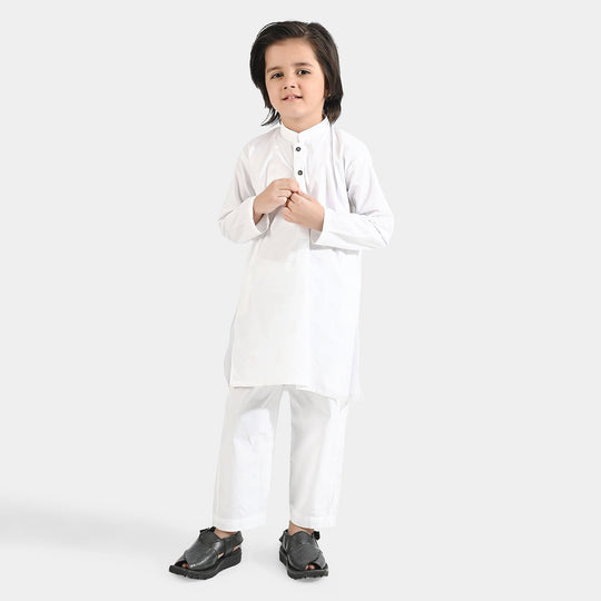 Boys Cotton Poplin Kurta Shalwar Suit-White