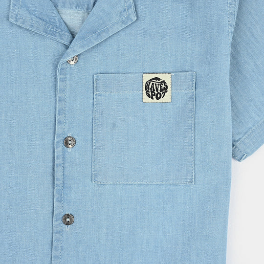 Boys Denim rigid Shirt H/S Waves Spot-Ice Blue