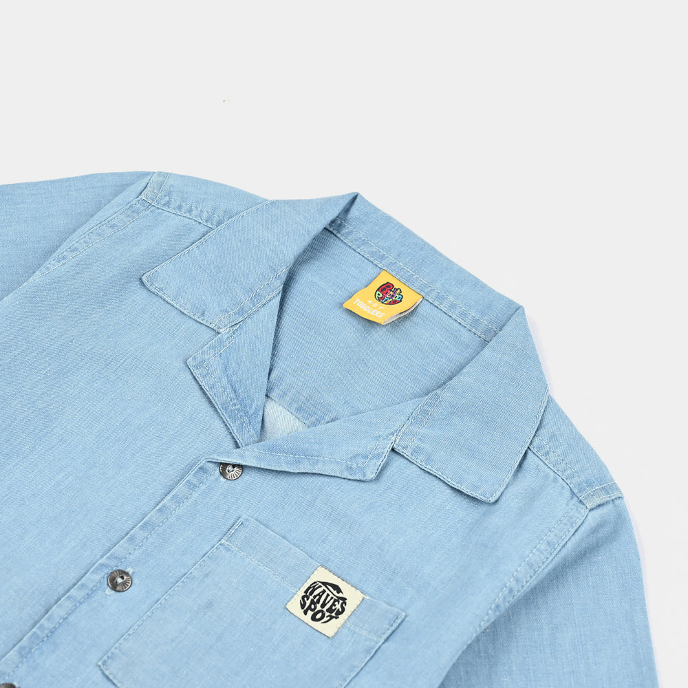 Boys Denim rigid Shirt H/S Waves Spot-Ice Blue