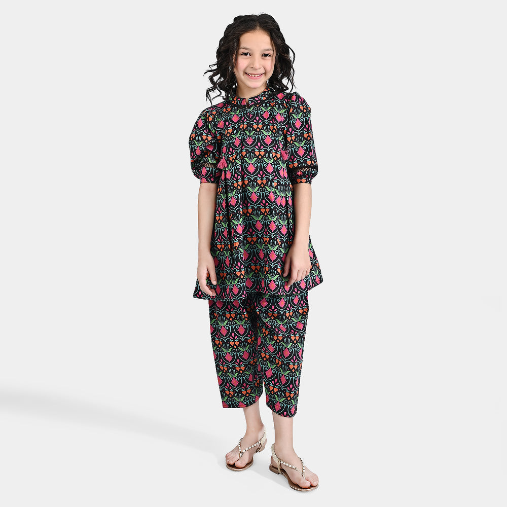 Girls Cotton Poplin Printed 2 Pcs Rangrez - BLACK