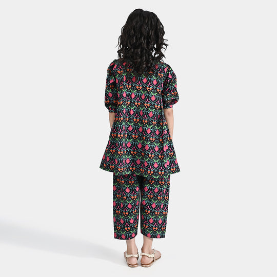 Girls Cotton Poplin Printed 2 Pcs Rangrez - BLACK