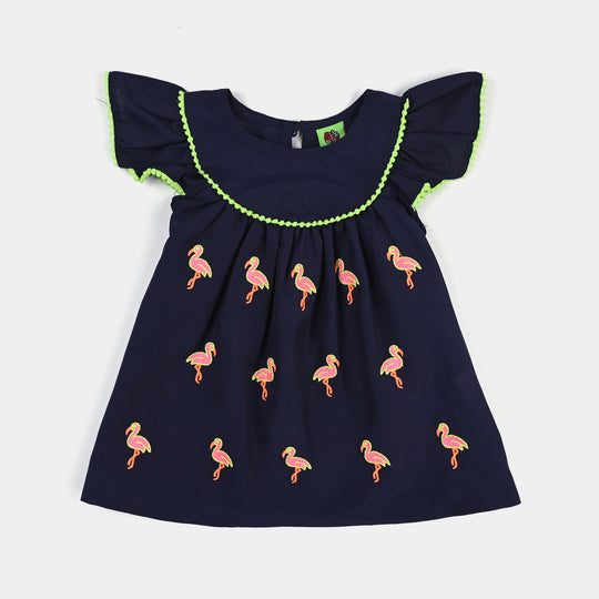 Infant Girls Poly Cambric Emb kurti Little Flamingos-Navy Blue