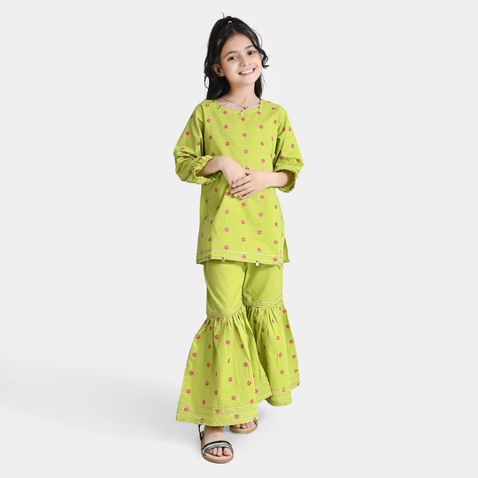 Girls Cotton Poplin Emb 2Pcs Falak-Green