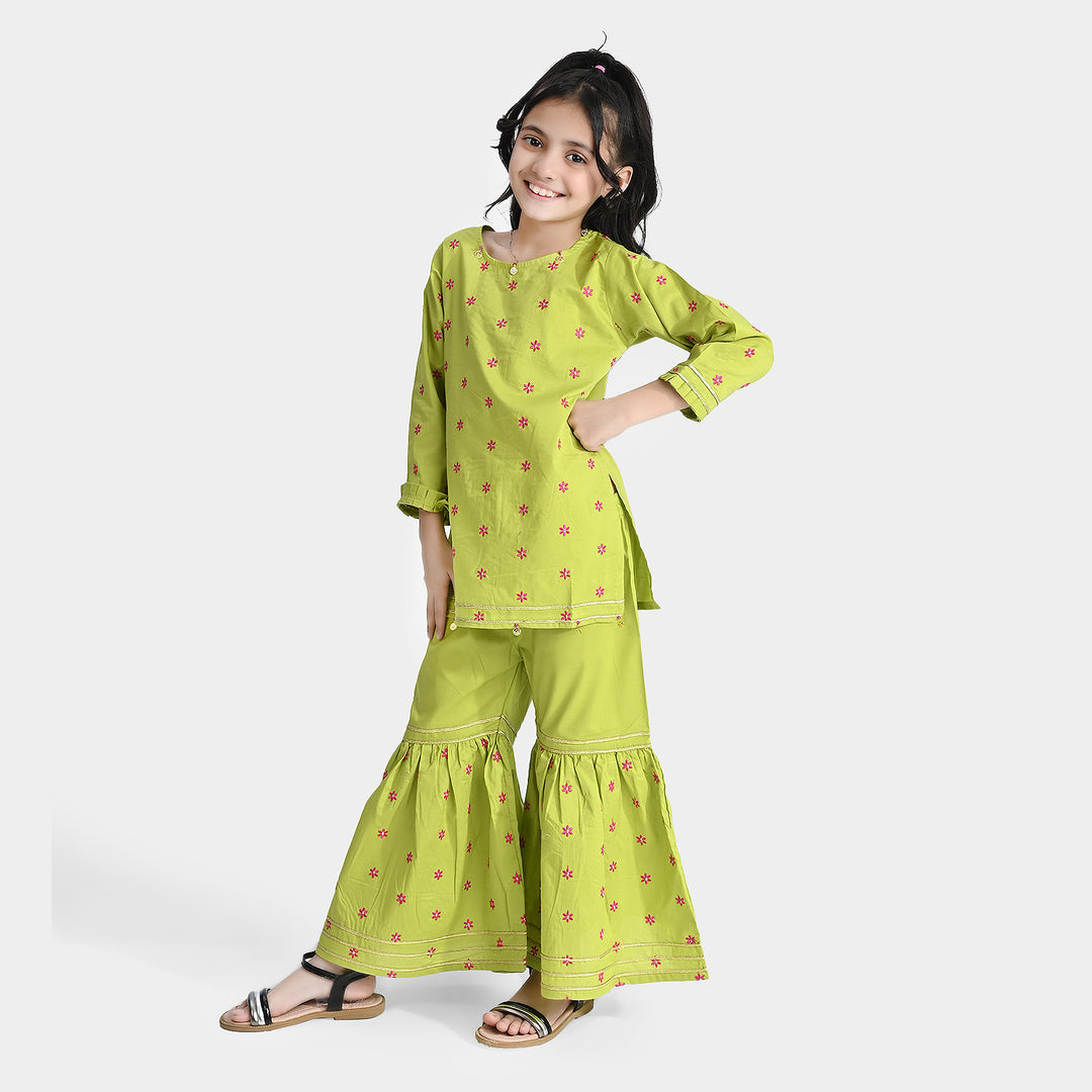 Girls Cotton Poplin Emb 2Pcs Falak-Green