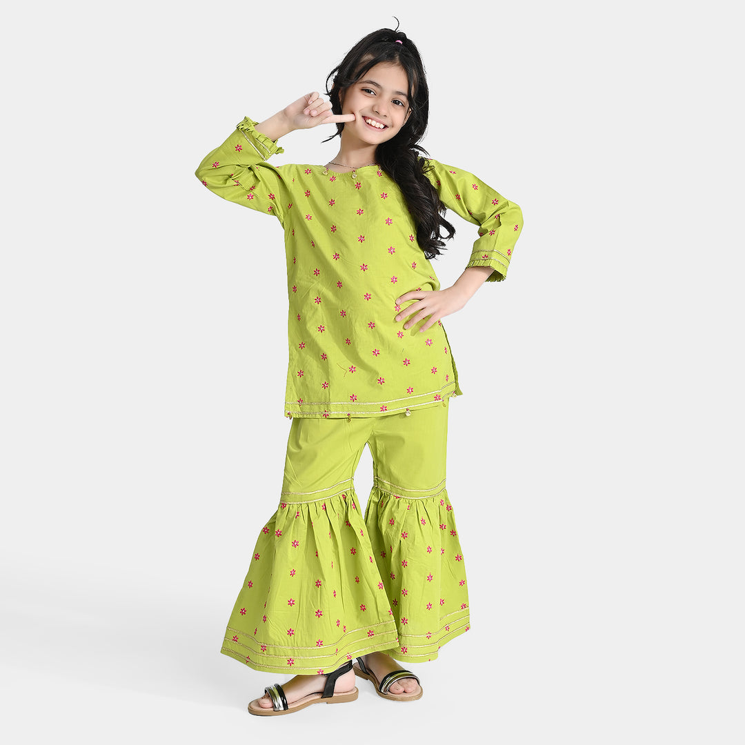 Girls Cotton Poplin Emb 2Pcs Falak-Green