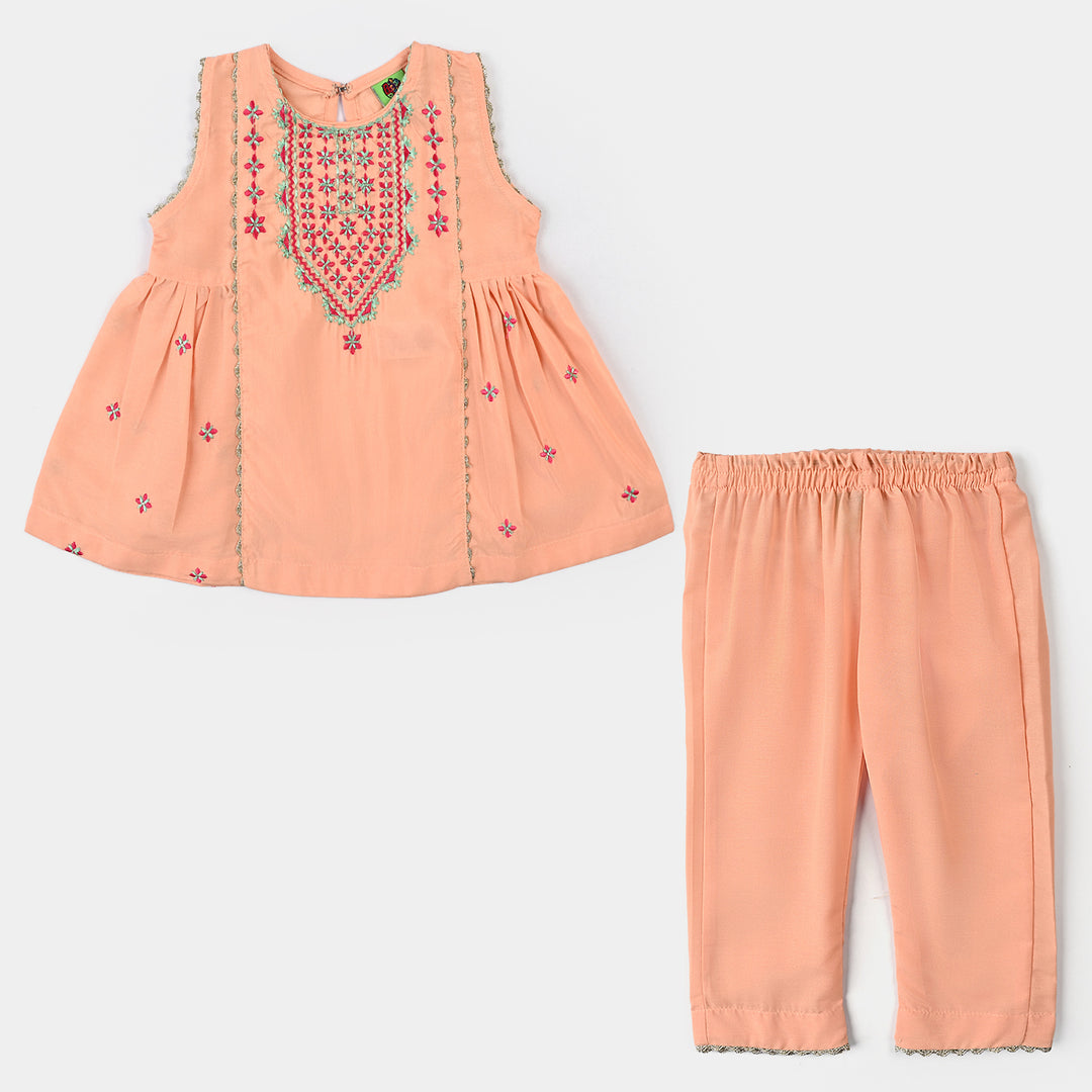 Infant Girls Poly Cambric Emb 2 Pcs Reet-Peach