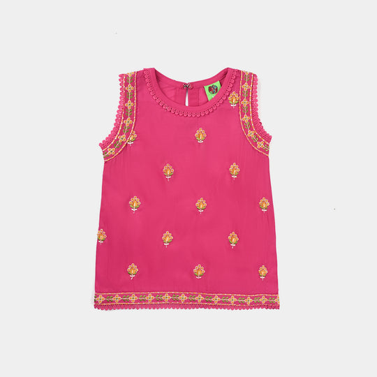 Infant Girls Poly Cambric Emb kurti Suit Me-Hot.Pink