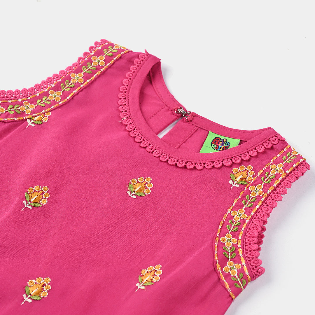 Infant Girls Poly Cambric Emb kurti Suit Me-Hot.Pink