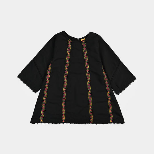 Girls poly cambric Emb Kurti Deep-BLACK