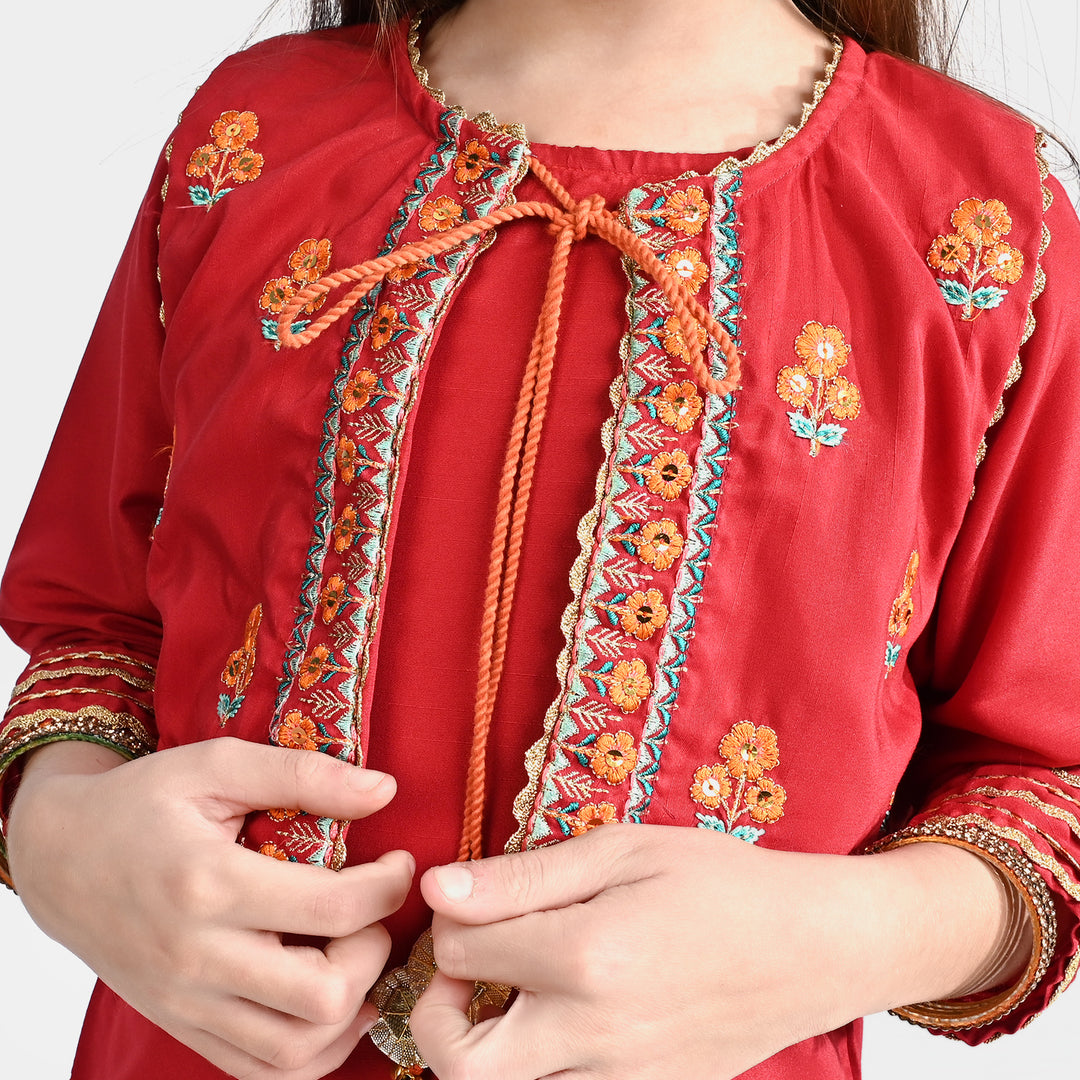 Girls Raw Silk 3 Pcs Dhanak-MAROON