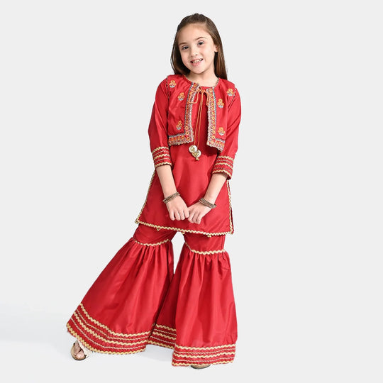 Girls Raw Silk 3 Pcs Dhanak-MAROON