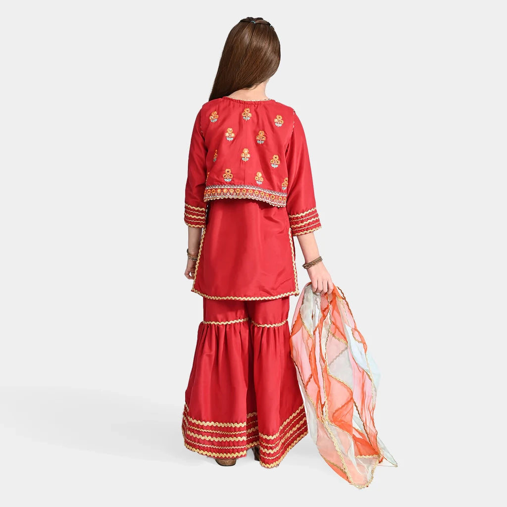 Girls Raw Silk 3 Pcs Dhanak-MAROON