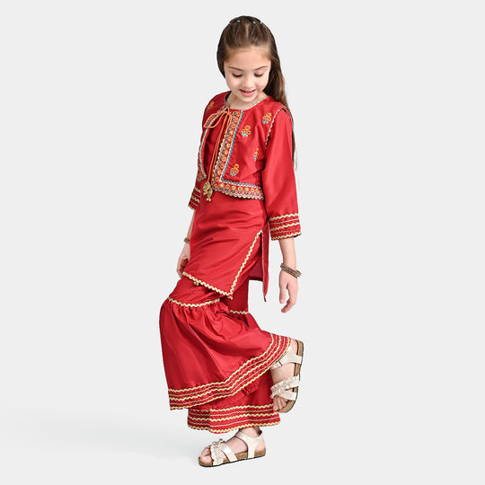 Girls Raw Silk 3 Pcs Dhanak-MAROON