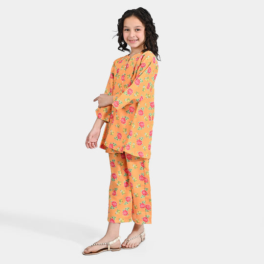 Girls Poly Cambric Printed 2Pc Gulab - Yellow