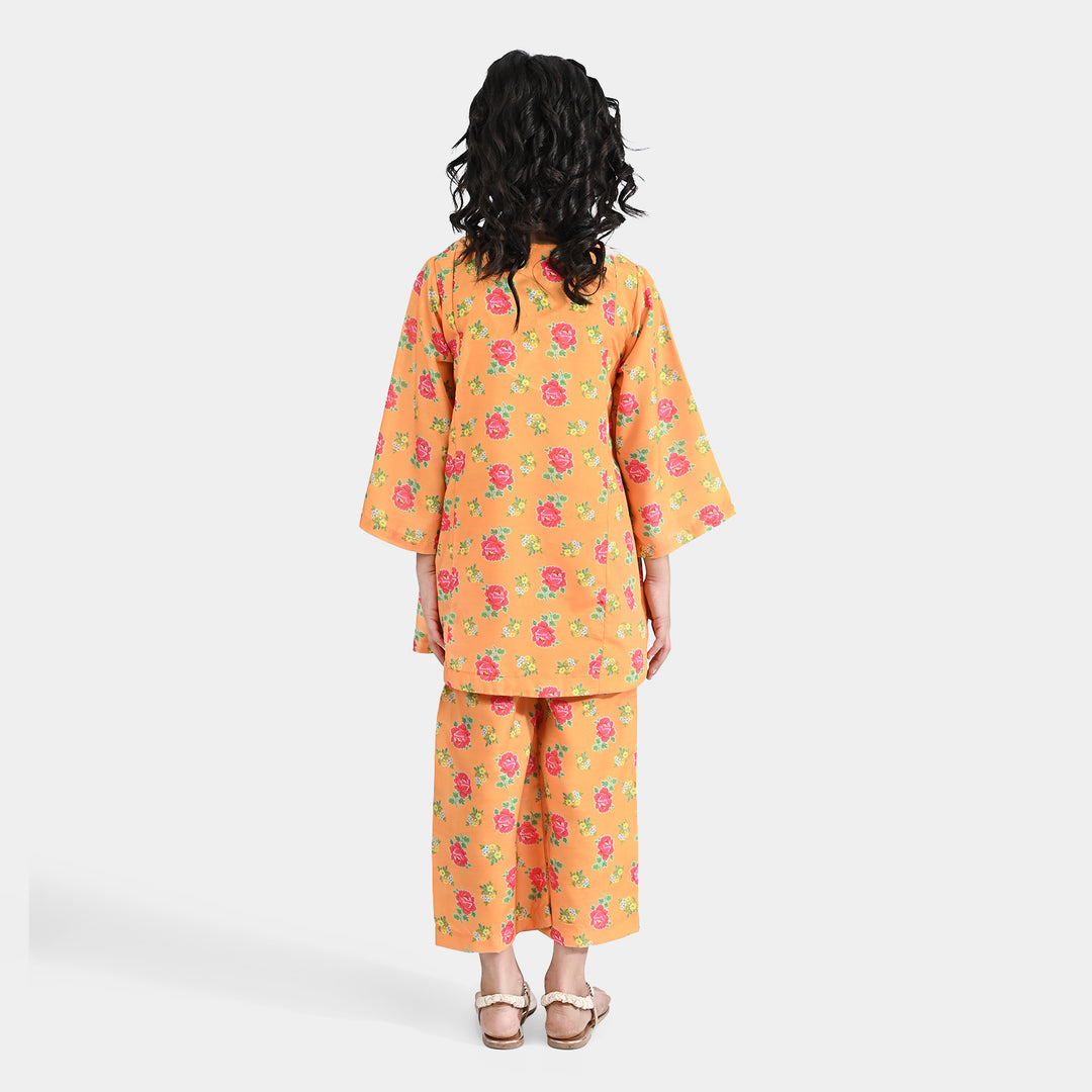 Girls Poly Cambric Printed 2Pc Gulab - Yellow