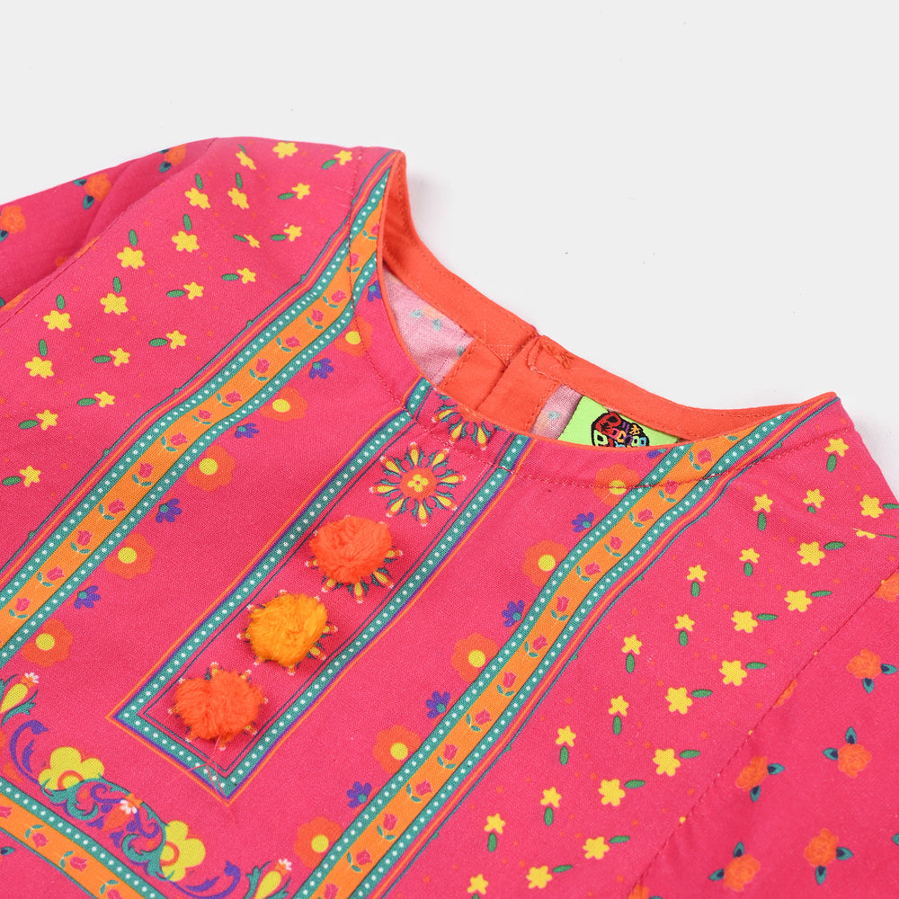 Infant Girls Cotton Printed Kurti Truck Art-Pink