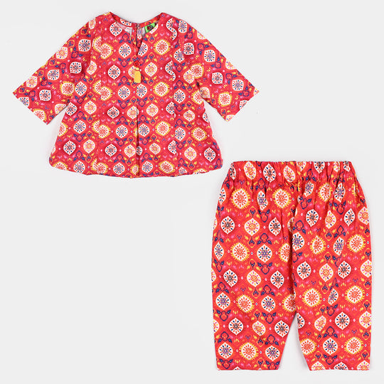 Infant Girls Cotton Poplin Printed 2 Pcs Rangela-Pink