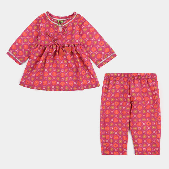 Infant Girls Poly Cambric Printed 2Pc Rang Rez-Pink