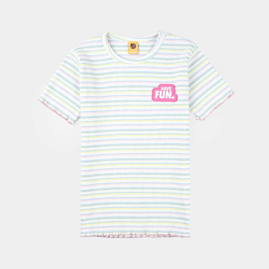 Girls Yarn Dyed rib T-Shirt H/S HAVE FUN-Multi