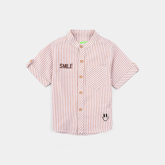 Infant Boys Yarn Dyed Basic Casual Shirt (Smile)-Beig.Stripe