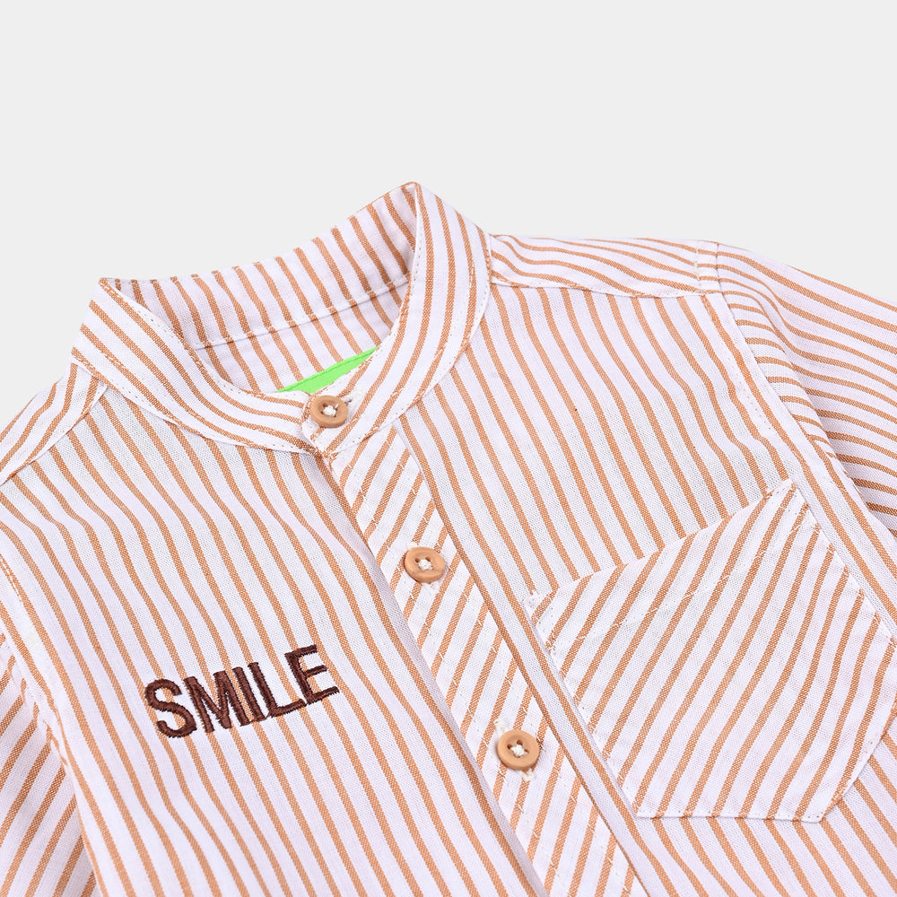 Infant Boys Yarn Dyed Basic Casual Shirt (Smile)-Beig.Stripe