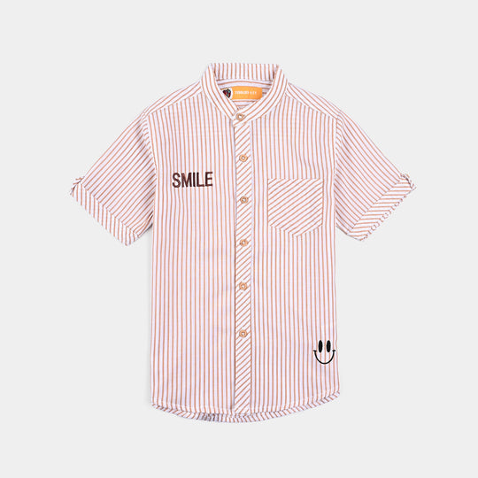 Boys Yarn Dyed Casual Shirt H/S (Smile)-Beige Stripe