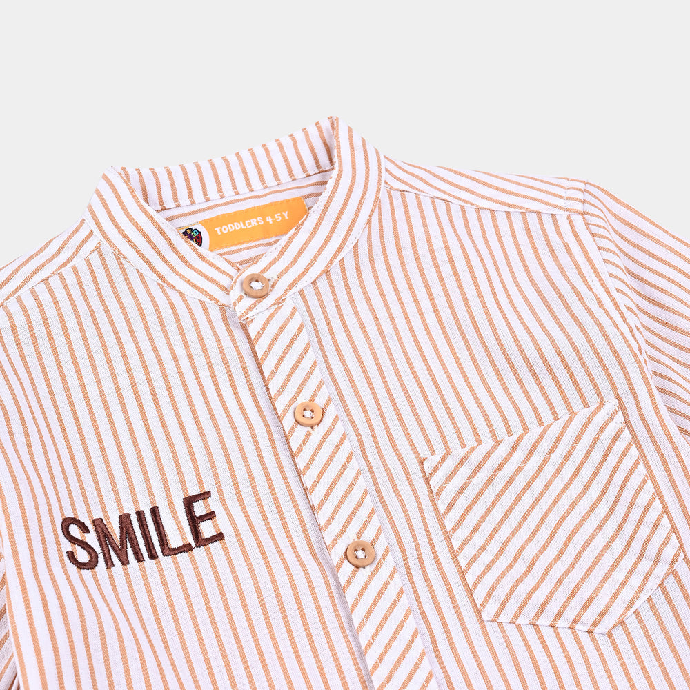 Boys Yarn Dyed Casual Shirt H/S (Smile)-Beige Stripe