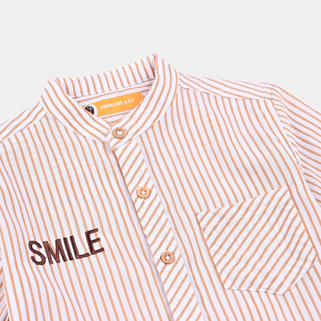 Boys Yarn Dyed Casual Shirt H/S (Smile)-Beige Stripe