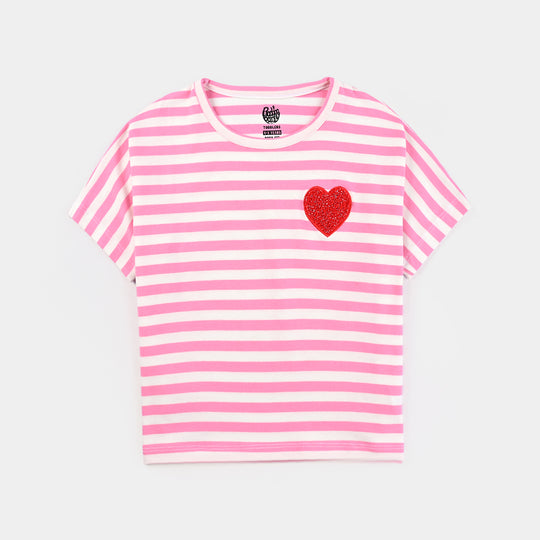 Girls Yarn Dyed T-Shirt H/S Heart-Pink