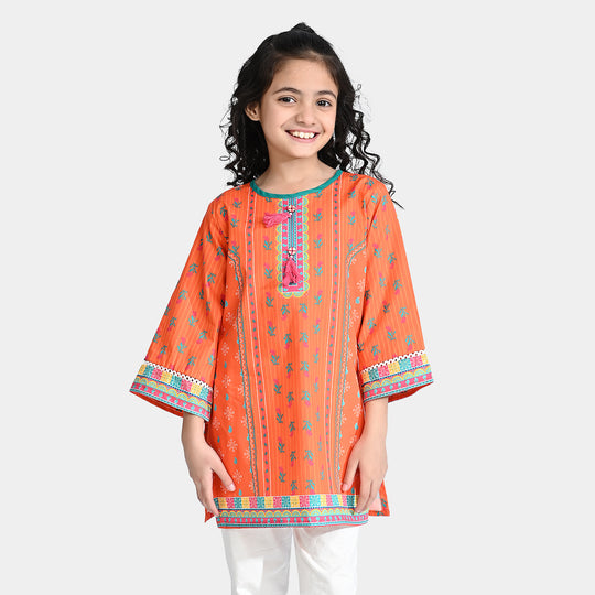 Girls Cotton Poplin Printed Kurti Pink Tulip-ORANGE