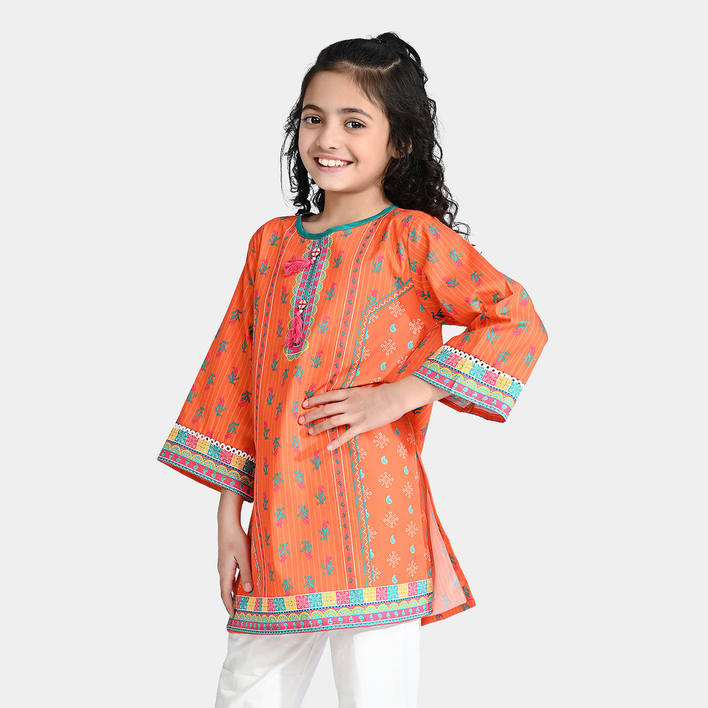 Girls Cotton Poplin Printed Kurti Pink Tulip-ORANGE