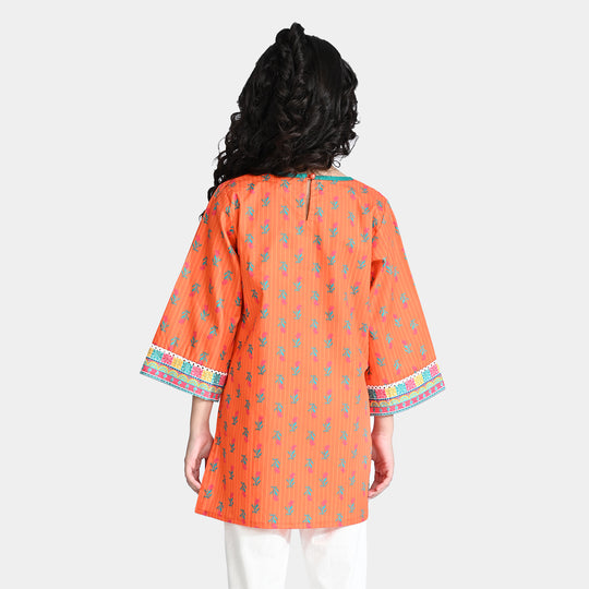 Girls Cotton Poplin Printed Kurti Pink Tulip-ORANGE