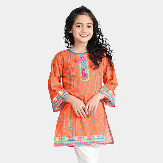 Girls Cotton Poplin Printed Kurti Pink Tulip-ORANGE