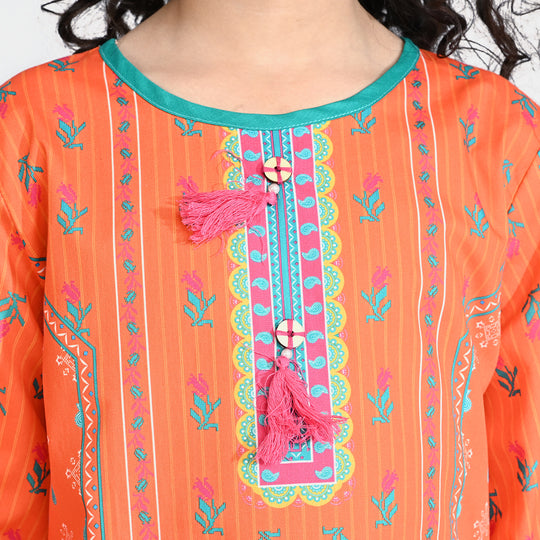 Girls Cotton Poplin Printed Kurti Pink Tulip-ORANGE