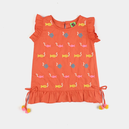 Infant Girls Cotton Poplin Emb Kurti Little Fishes-ORANGE