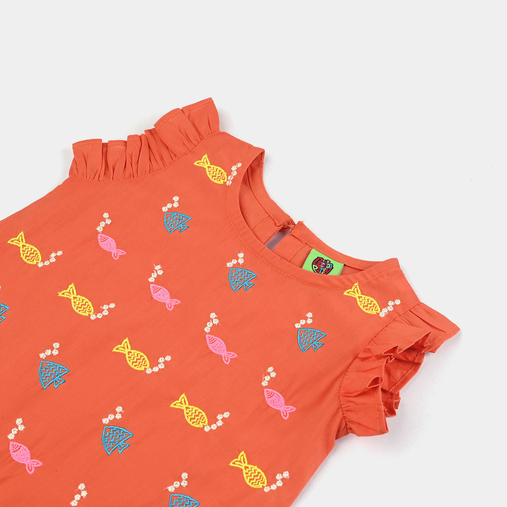 Infant Girls Cotton Poplin Emb Kurti Little Fishes-ORANGE