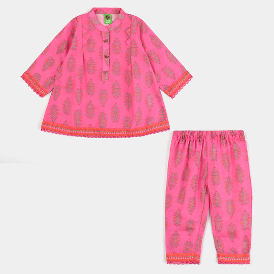 Girls Poly Cambric Printed 2 Pcs Bliss-Pink