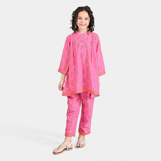 Girls Poly Cambric Printed 2 Pcs Bliss - Pink