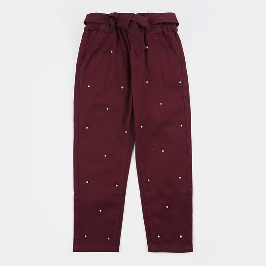 Girls Cotton Pant Pearl & Bow-Burgundy