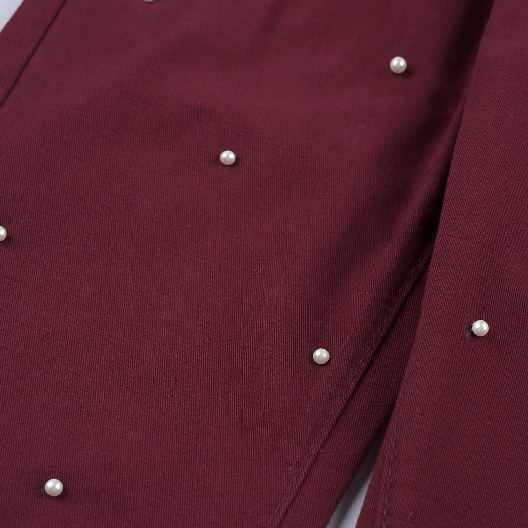 Girls Cotton Pant Pearl & Bow-Burgundy