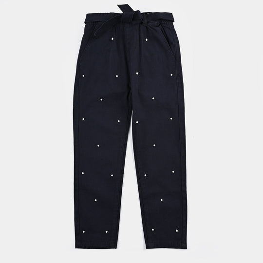 Girls Cotton Pant Pearl & Bow-Navy Blue