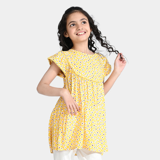 Girls Viscose Printed Frock-Yellow