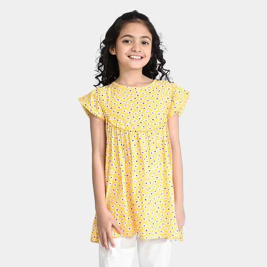 Girls Viscose Printed Frock-Yellow