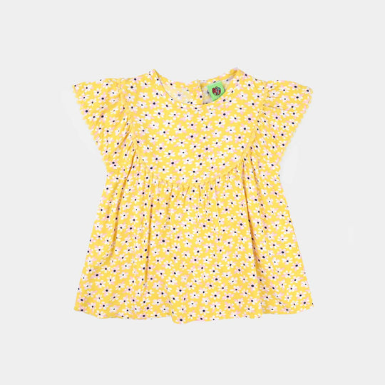 Infant Girls Viscose Printed Frock-Yellow