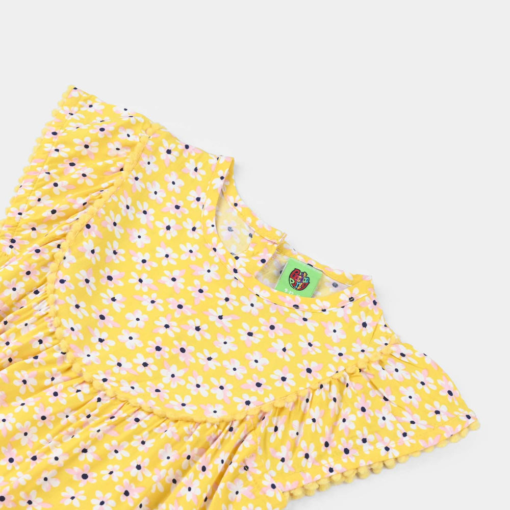 Infant Girls Viscose Printed Frock-Yellow