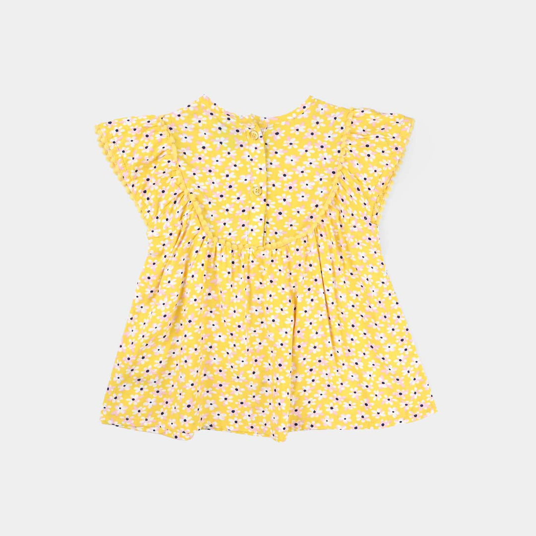 Infant Girls Viscose Printed Frock-Yellow